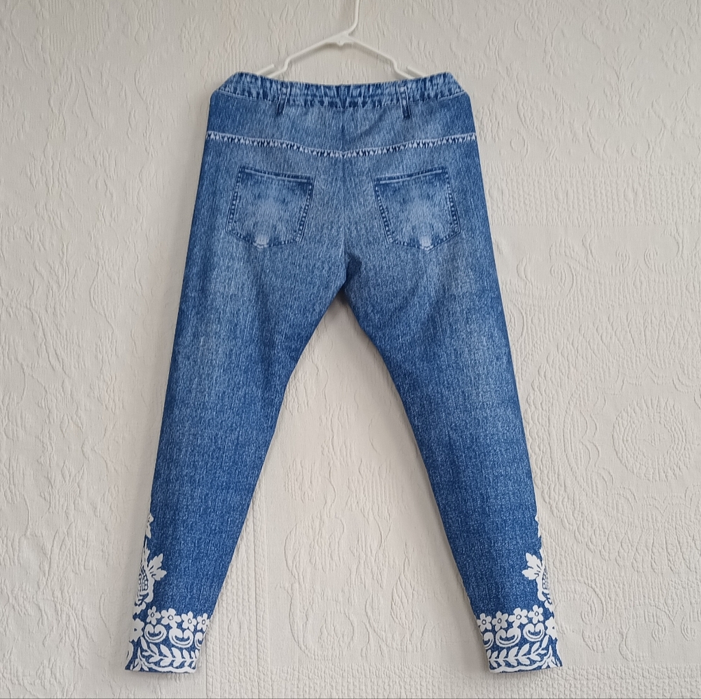Faux Crochet Jeggings Denim Look Legging Floral Stretchy Casual Plus Bohemian 1X - Picture 8 of 11